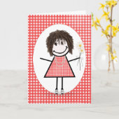 Carte Fille en bâtonnets d'anniversaire sur gingham roug (Fleur jaune)
