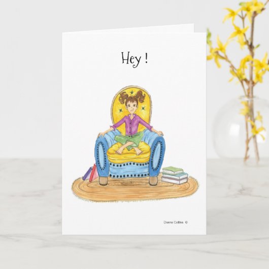 Carte Fille en chaise bleue, combien de temps vas-tu êtr (Fleur jaune)