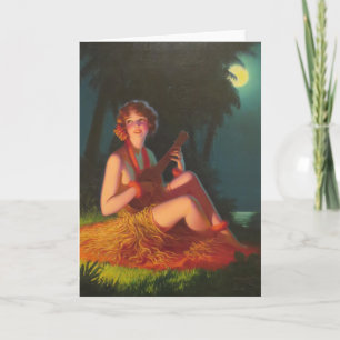 Carte Fille en clair de lune avec Banjo Ukulele