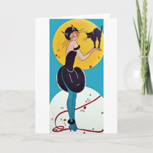 Carte Fille en costume de chat avec son chat noir (Devant)