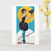 Carte Fille en costume de chat avec son chat noir (Fleur jaune)