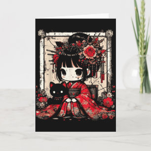 Carte Fille en kimono Chibi Chat noir Fleurs Art japonai