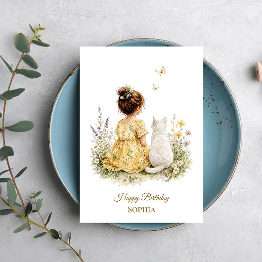 Carte Fille et chat blanc