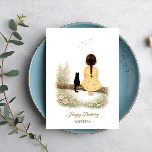 Carte Fille et chat noir sur une branche