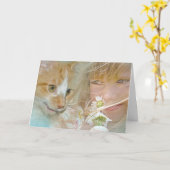 Carte fille et chat tabby (Fleur jaune)