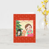 Carte Fille et chats avec l'homme en pain d'épice Joyeux (Fleur jaune)