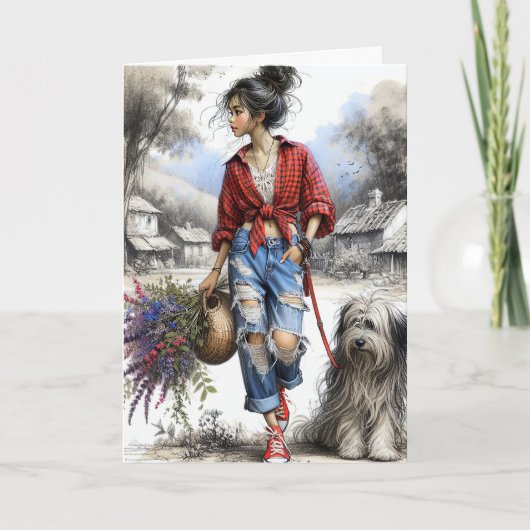 Carte Fille et chien avec panier à fleurs (Devant)