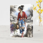 Carte Fille et chien avec panier à fleurs (Fleur jaune)