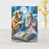 Carte Fille et Golden Retriever priant de penser à vous (Fleur jaune)