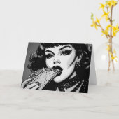 Carte Fille gothique de style graphique BW 50s mangeant  (Fleur jaune)