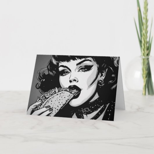 Carte Fille gothique de style graphique BW 50s mangeant  (Devant)