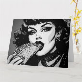 Carte Fille gothique de style graphique BW 50s mangeant  (Fleur jaune)