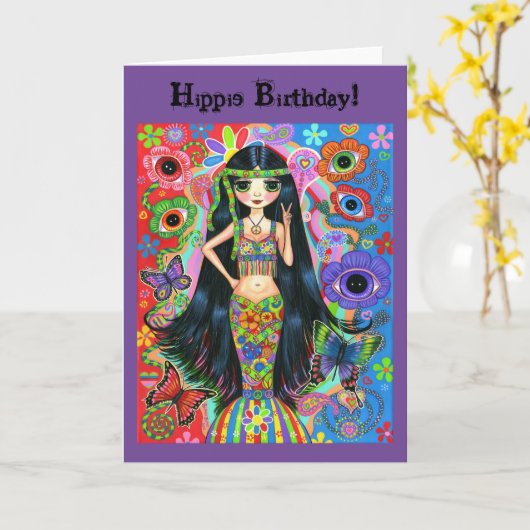 Carte Fille Hippie Sirène Signe de Paix Psychédélique Mi (Fleur jaune)