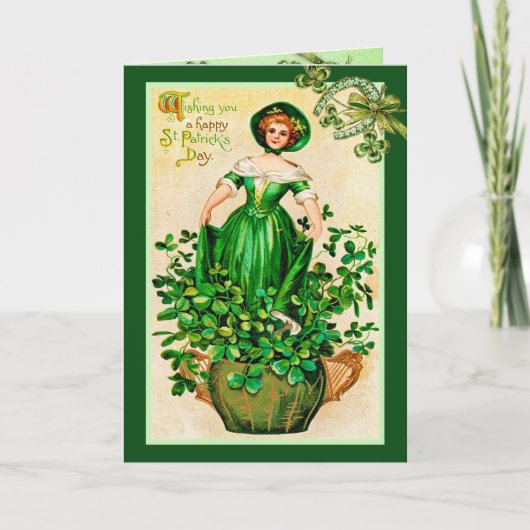 Carte Fille Irlandaise Vintage Saint-Patrick avec Trèfle (Devant)