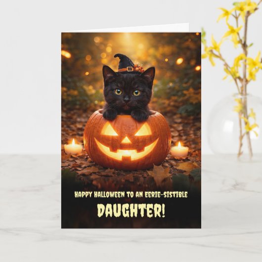 Carte Fille Joyeux Halloween Mignon Chat Noir Chatons (Fleur jaune)
