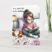 Carte Fille Lecture Livres et Chat Anniversaire (Devant)
