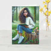 Carte Fille Lire Un Livre Avec Lapin (Fleur jaune)