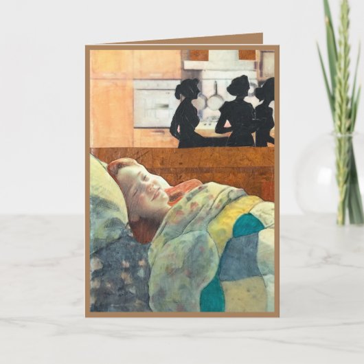 Carte fille malade heureuse au lit soignée, va bien (Devant)