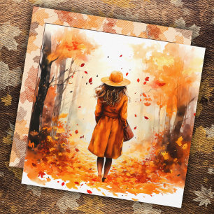 Carte Fille marchant paisiblement à l'aquarelle d'automn