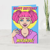 Carte Fille mignonne Ado des cheveux roses Anniversaire (Devant)