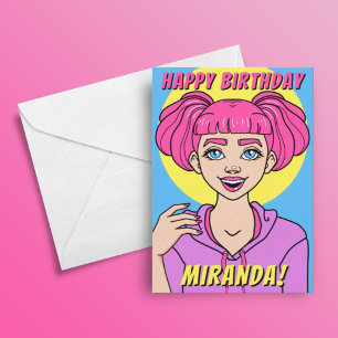 Carte Fille mignonne Ado des cheveux roses Anniversaire