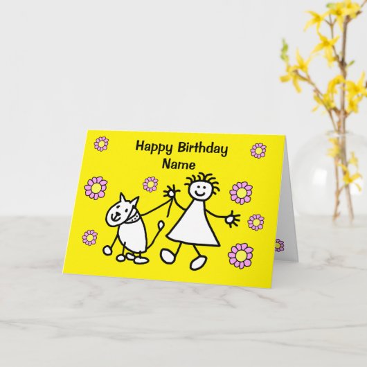 Carte Fille mignonne promenant son chien pour son annive (Fleur jaune)