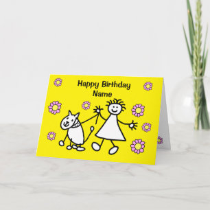 Carte Fille mignonne promenant son chien pour son annive