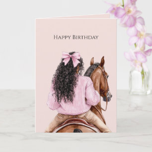 Carte Fille Noire Chevauchant un Cheval Ruban Rose Anniv