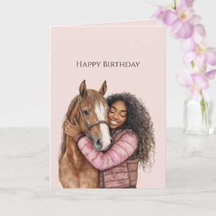 Carte Fille Noire Enlaçant Cheval Anniversaire Rose