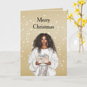 Carte Fille noire jolie Noël points bokeh rouge blanc