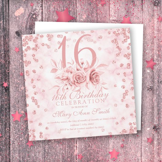 Carte Fille Parties scintillant de marbre Rose or Floral