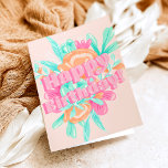 Carte Fille pastel floral d'anniversaire photo calligrap<br><div class="desc">Un cool,  éditable à la main lettré rose heureux anniversaire avec rose pastel,  orange,  turquoise pastel floral gouache illustration,  une calligraphie moderne avec une torsion rétro.</div>