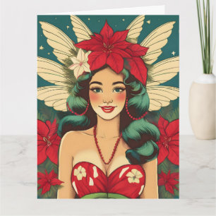 Carte Fille pin-up de Noël tropical rétro des années 50