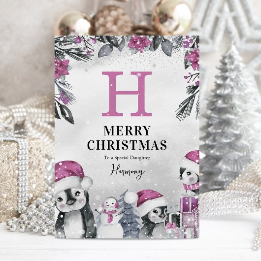 Carte Fille Pingouin Rose mignonne Noël