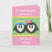 Carte Fille pingouins roses et verts Noël (Devant)