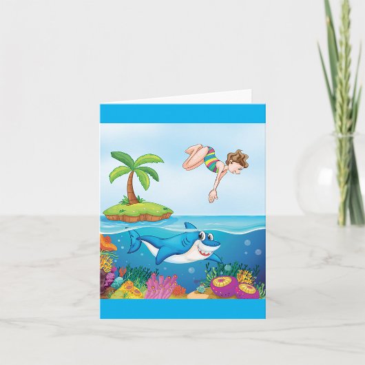 Carte Fille plongeant dans l'océan avec un requin ami su