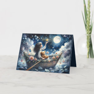 Carte Fille rêveuse en barque Scène de fantaisie au clai