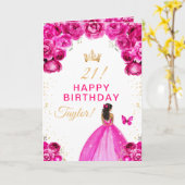 Carte Fille rose florale foncée de la peau Joyeux annive (Fleur jaune)