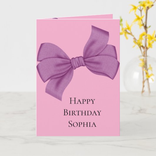 Carte Fille rose pourpre Bow Anniversaire (Fleur jaune)