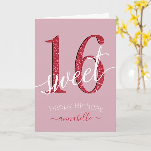 Carte Fille Rouge Faux parties scintillant Douce 16 Anni (Fleur jaune)