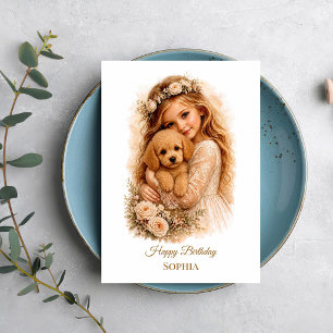 Carte Fille serrant un chiot Caniche dans ses bras