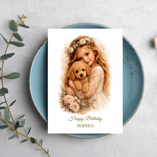 Carte Fille serrant un chiot Caniche dans ses bras