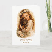 Carte Fille serrant un chiot teckel dans ses bras (Devant)