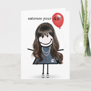 Carte Fille silhouette 49e anniversaire avec ballon roug