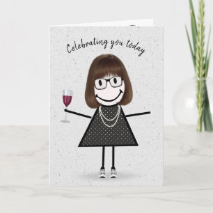 Carte Fille Stick Figure d'anniversaire avec du vin roug