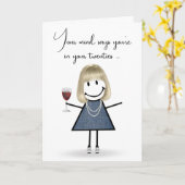 Carte Fille stick figure d'anniversaire avec verre à vin (Fleur jaune)