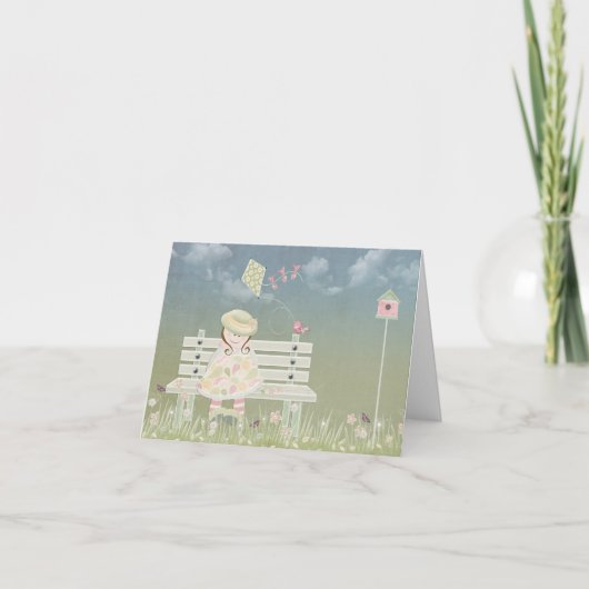 Carte Fille sur banc oiseau et cerf-volant (Devant)
