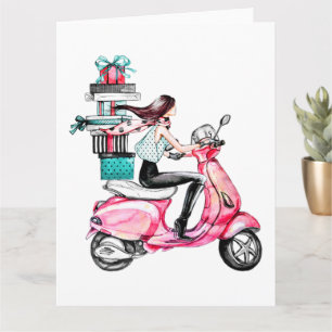 Carte Fille sur scooter avec cadeaux de Noël