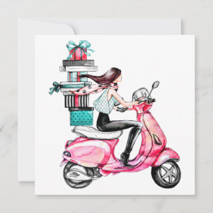 Carte Fille sur scooter transportant des cadeaux