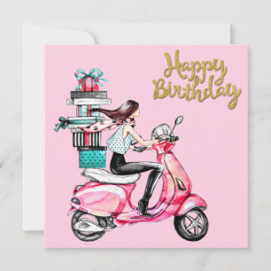 Carte Fille sur scooter transportant Présents
